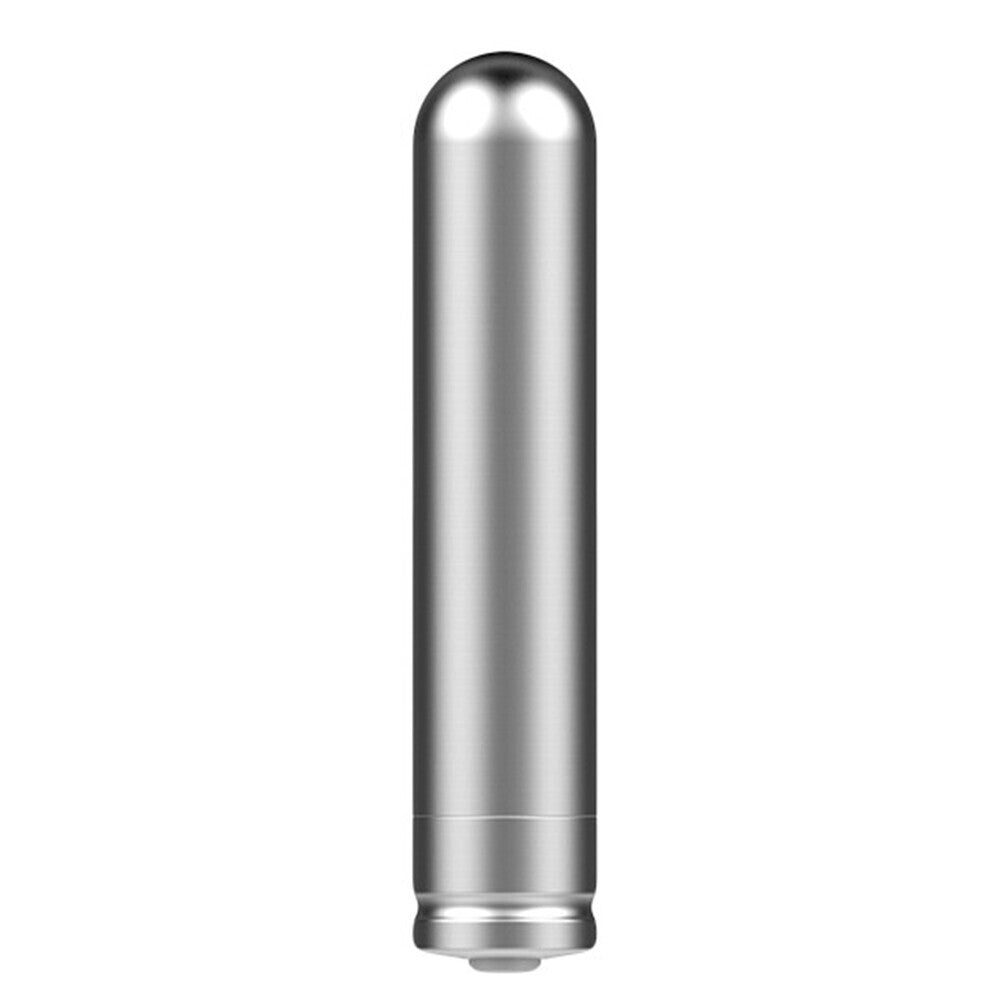 Close-up of the Nexus Ferro Power Bullet mini vibrator; smooth, metallic finish. Perfect for discreet fun.