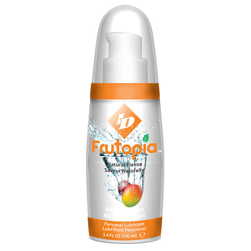 A bottle of id frutopia personal lubricant in a bright, summery mango flavour