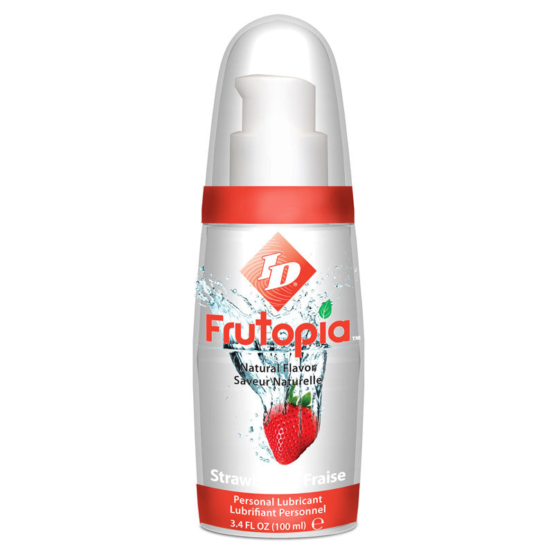 A bottle of id frutopia strawberry personal lubricant, a red flavoured lube.