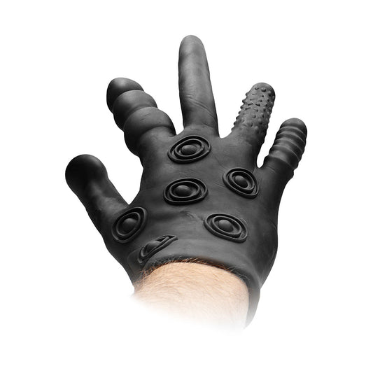 shots toys silicone stimulation glove, black textured prostate massager for enhanced pleasure.