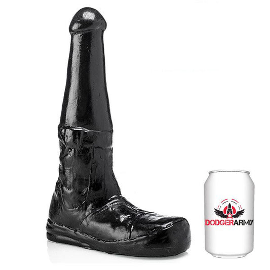 Dodger army boot-shaped dildo, a novelty pleasure toy from various toy brands, in dark grey.