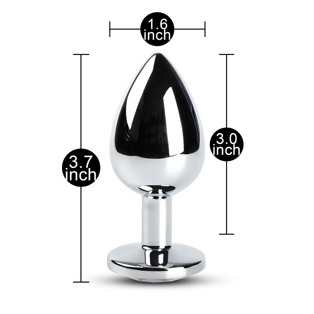 Large metal butt plug with a clear crystal, for anal pleasure, silver finish.