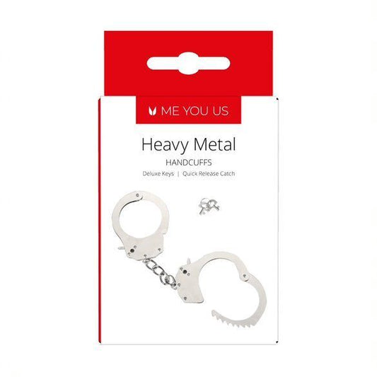 A pair of shiny, silver-tone heavy metal handcuffs from me you us, for playful constraint.