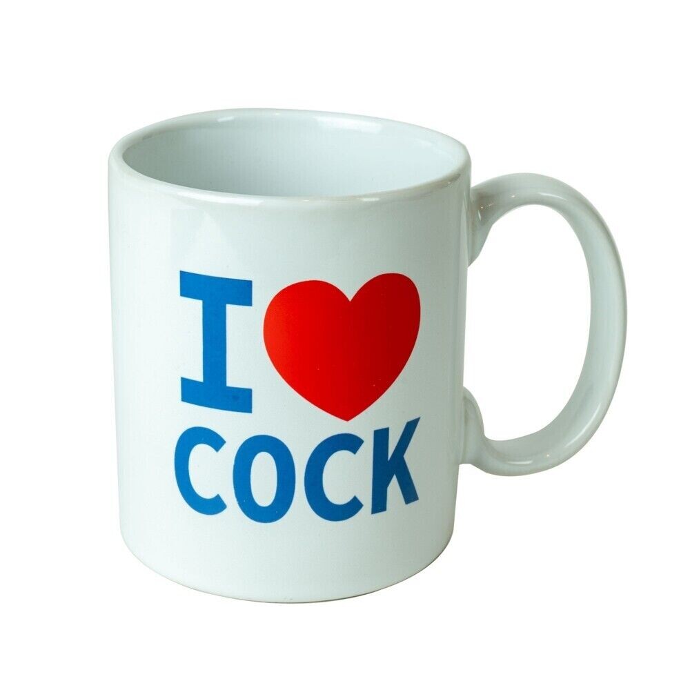 White ceramic mug with 'I Love Cock' printed in bold black letters, a novelty gift.