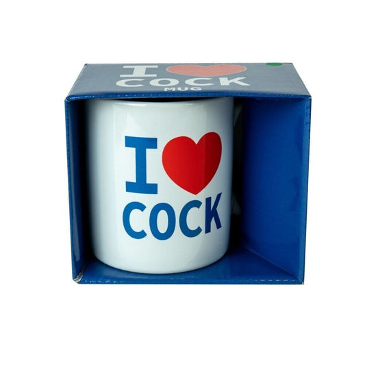 white ceramic mug with 'i love cock' printed on it, a funny novelty gift.