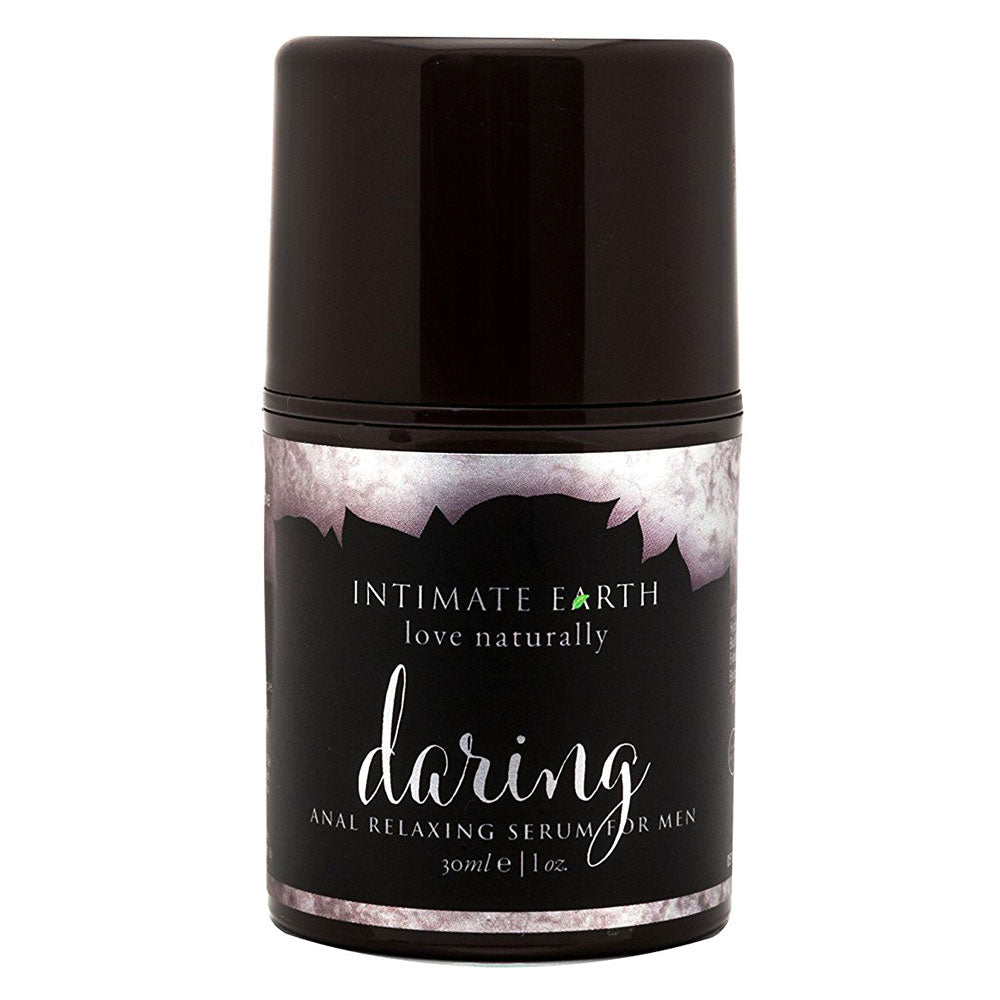 Intimate Earth lemongrass anal relaxing gel for men, small white bottle, close-up view.