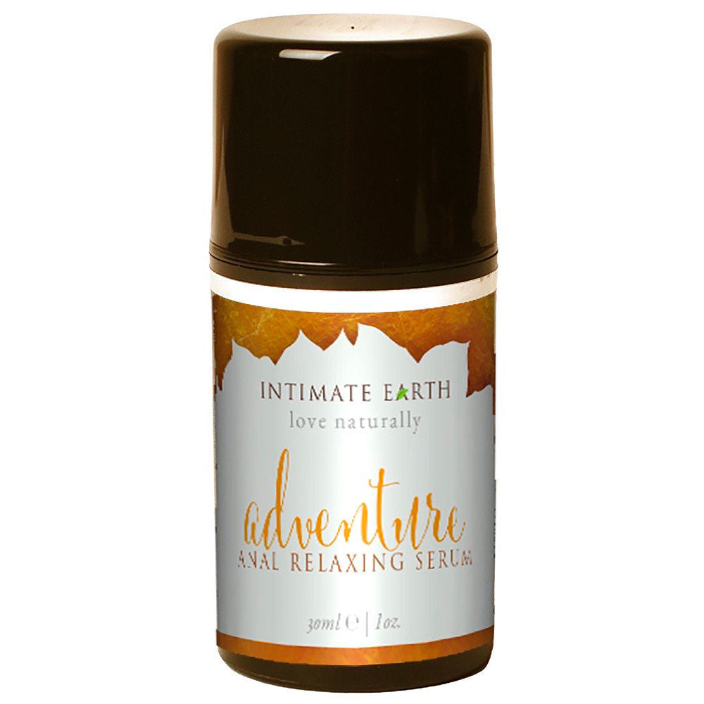 Intimate Earth Adventure anal relaxing gel in an orange bottle, 30ml size.