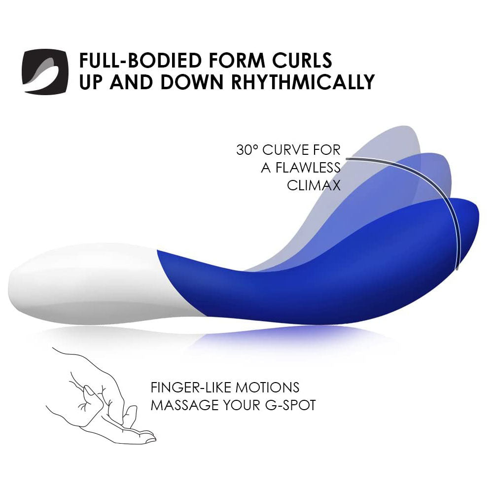 Midnight blue lelo mona wave vibrator showcasing its curved shape and smooth, matte finish.