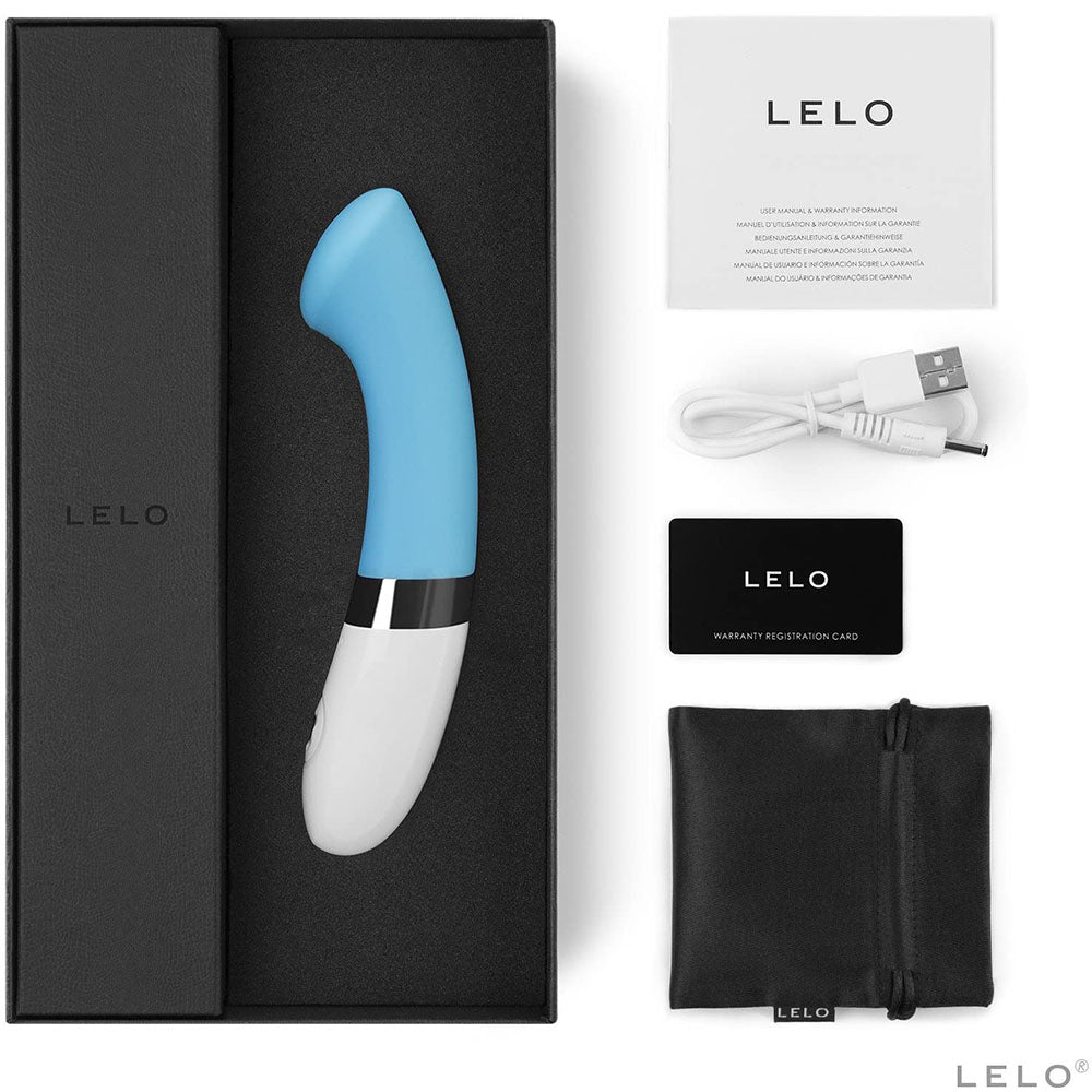 Turquoise blue g-spot vibrator, the Lelo Gigi 2, made of smooth silicone.
