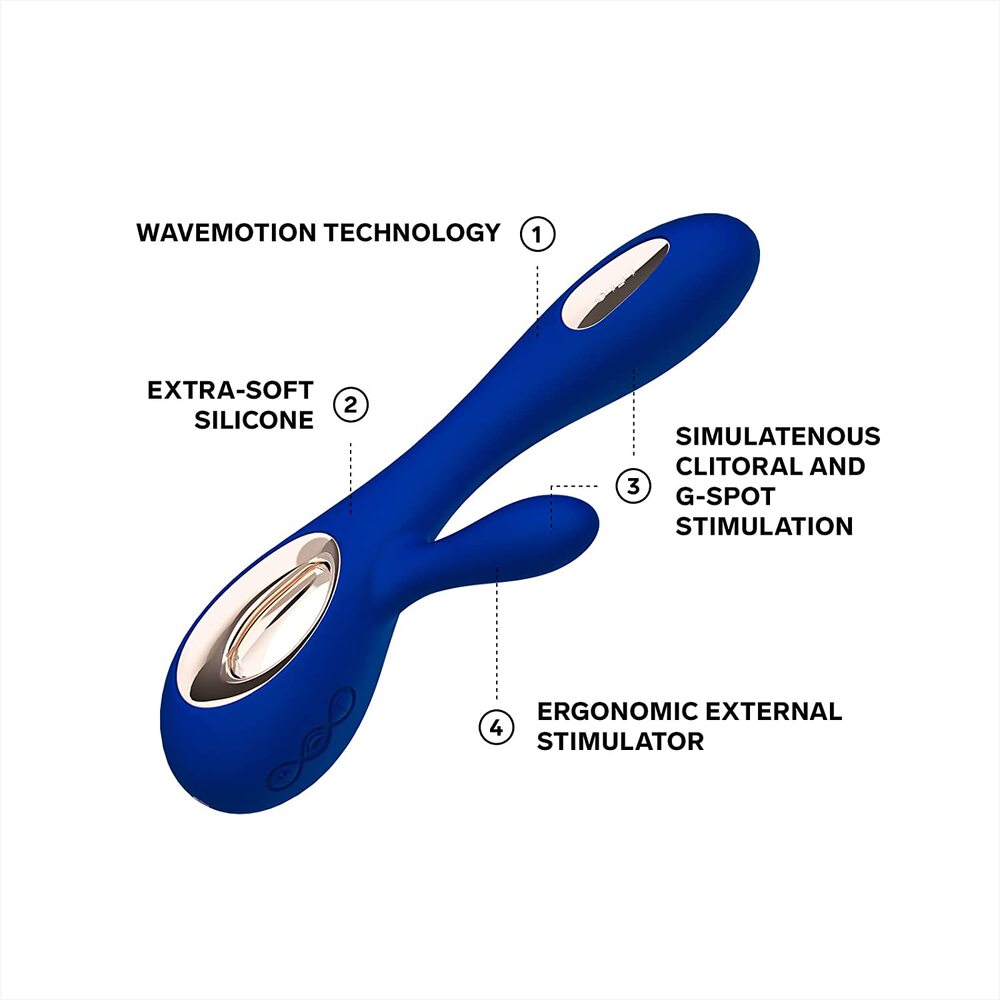 Midnight blue Lelo Soraya Wave rechargeable vibrator, a dual-action pleasure device for enhanced intimacy.