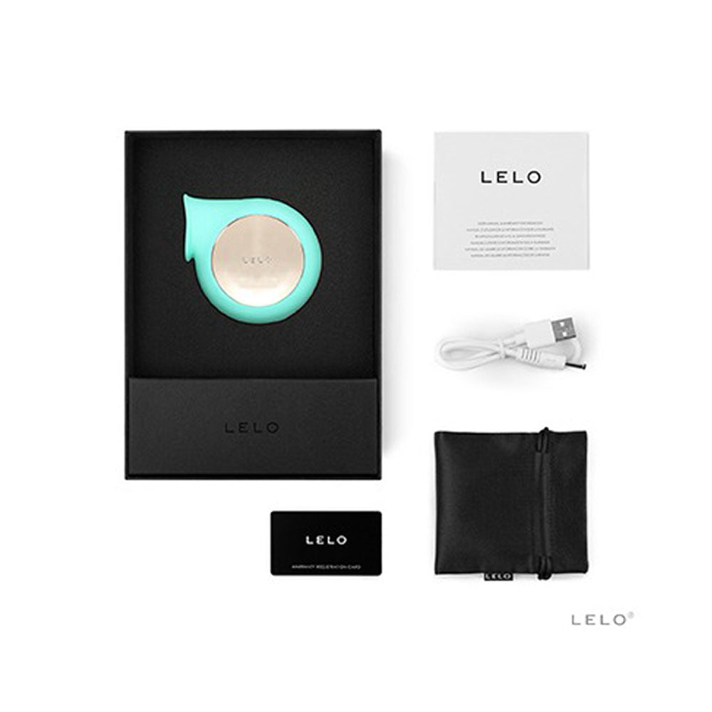 Teal-coloured lelo sila aqua clitoral massager with sonic wave technology for enhanced pleasure.