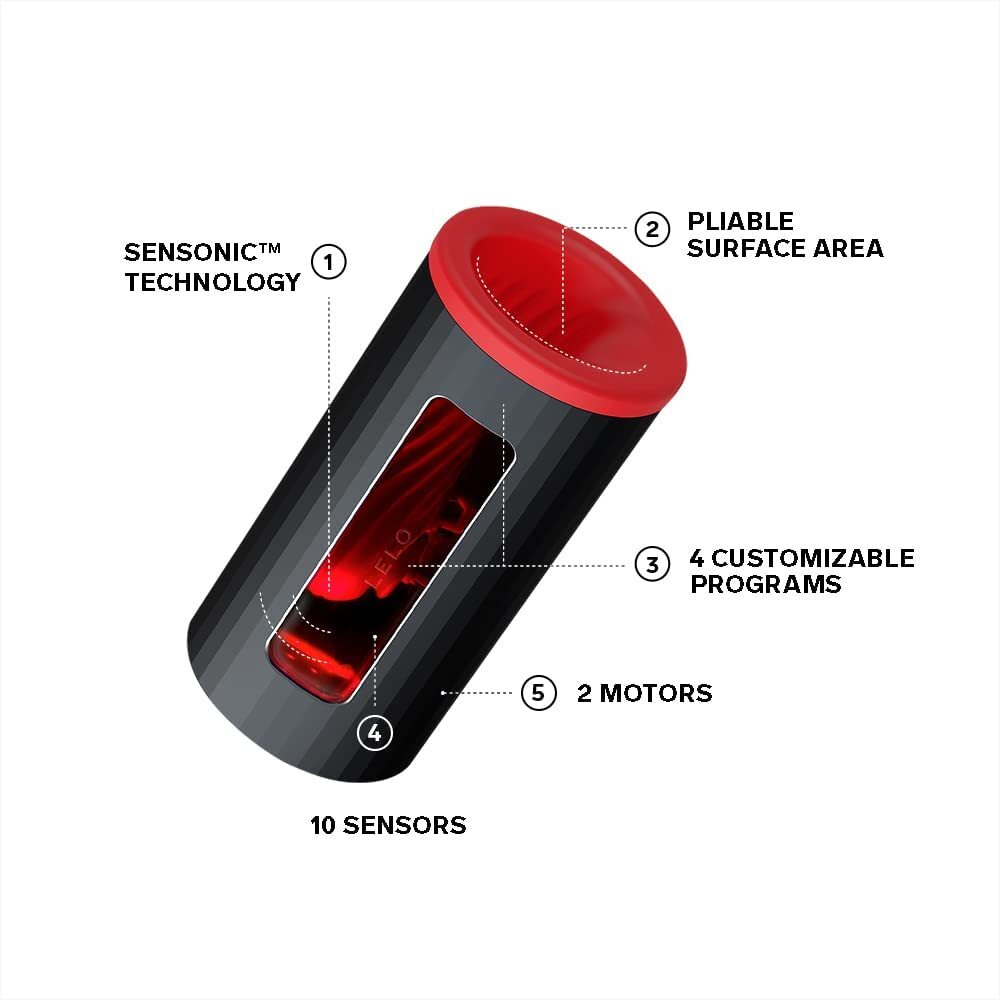 A red Lelo F1S V2X masturbator; textured silicone for enhanced pleasure and stimulation.