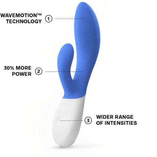 Close-up of a smooth, curved, luxurious blue g-spot vibrator by lelo, rechargeable.