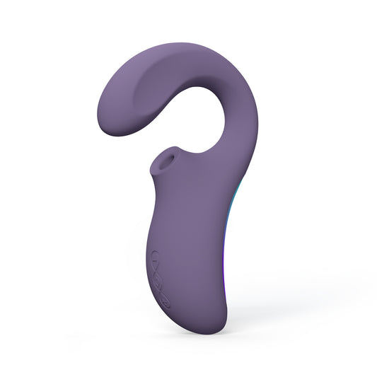 Purple Lelo Enigma Wave vibrator for G-spot and clitoral massage, showing its sleek form.