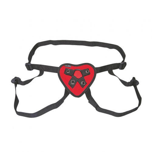 Lux Fetish red heart-shaped strap-on harness with adjustable straps and silver-tone hardware