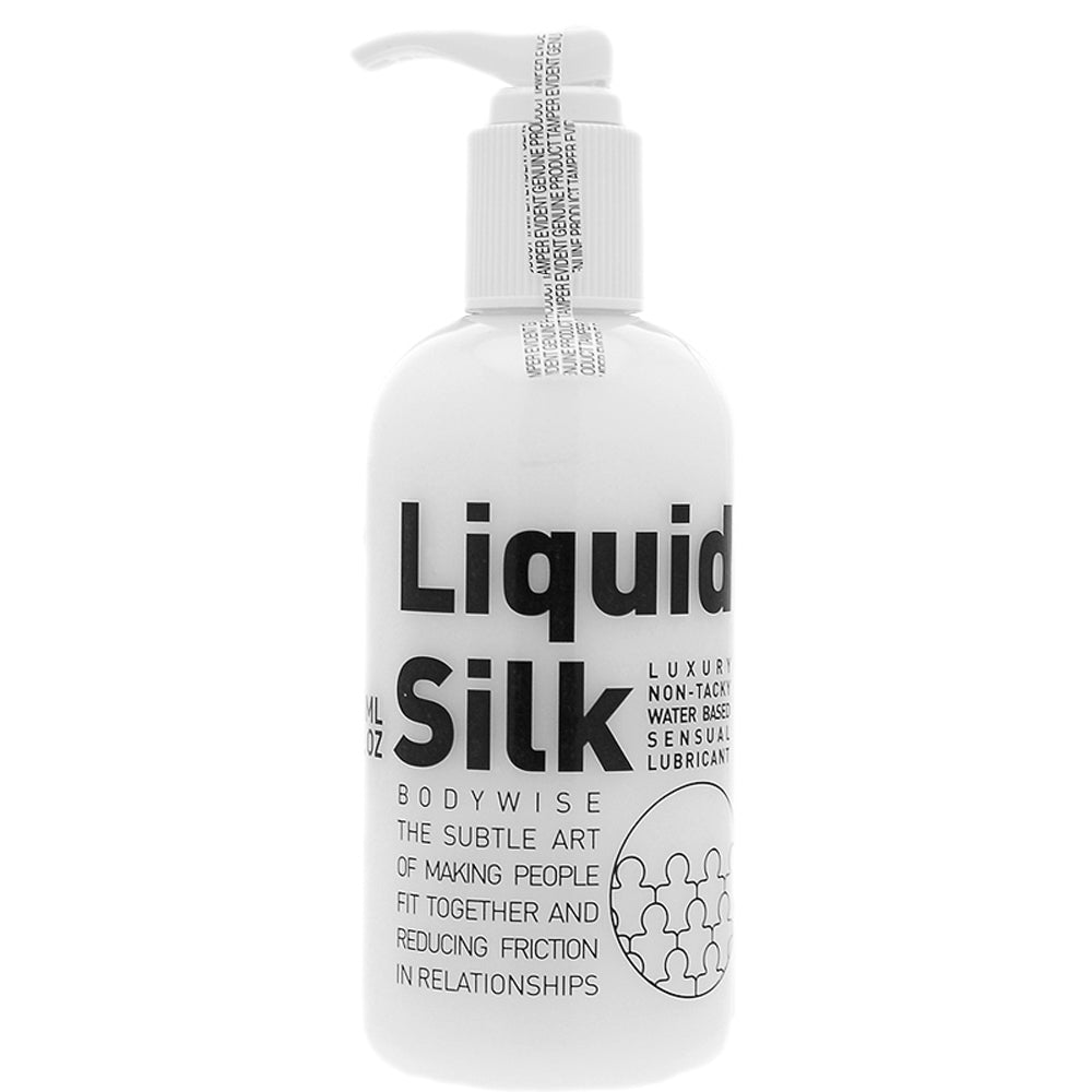 Clear bottle of liquid silk water based lubricant, 250ml size, for intimate use