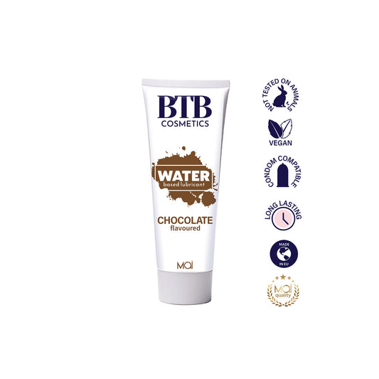 mai cosmetics chocolate flavoured water based lubricant in a brown and white bottle.