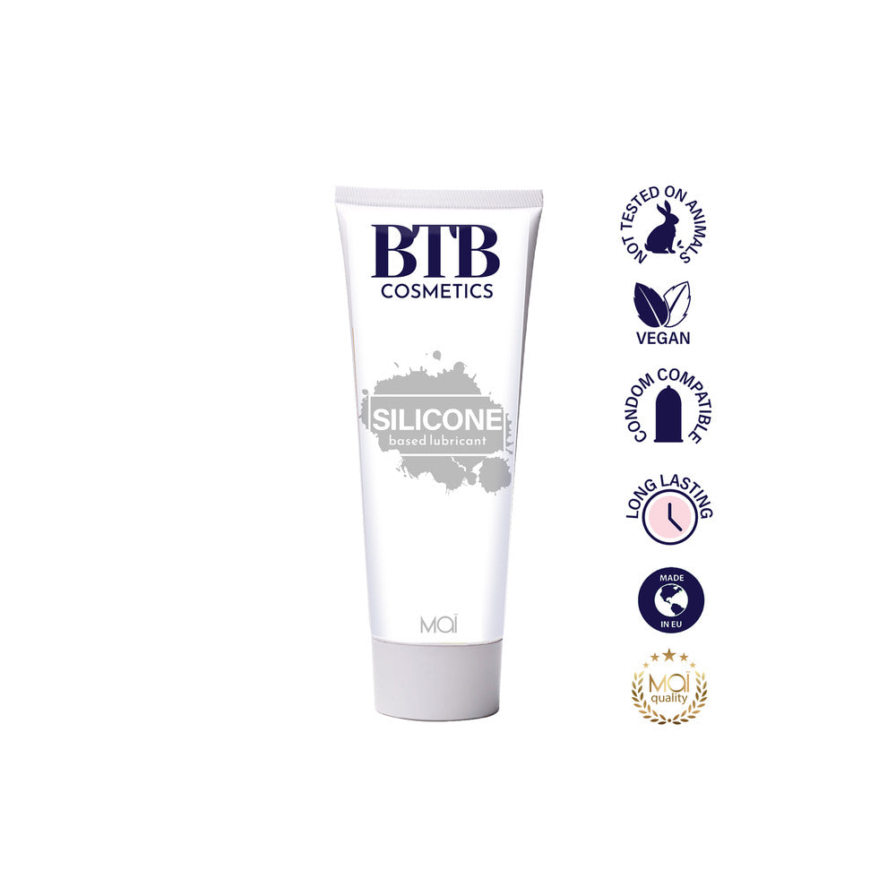 Bottle of clear, silicone-based lubricant from mai cosmetics, ideal for intimate use.