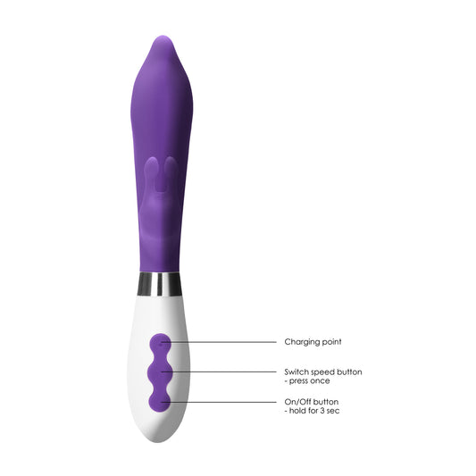 Purple rechargeable vibrator with clitoral stimulator, made by Shots Toys, for intimate pleasure.