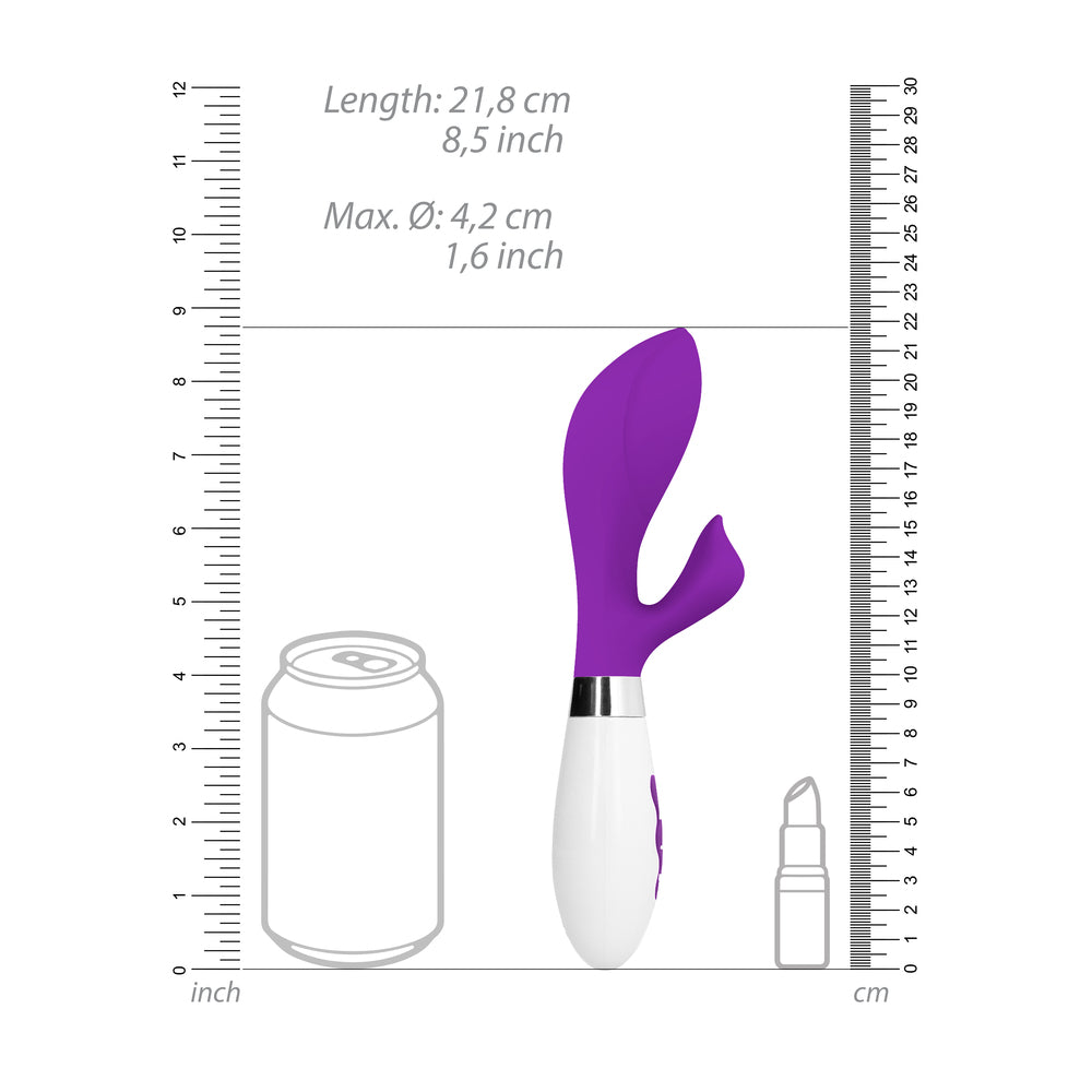 Achelois purple rechargeable vibrator with clitoral stimulator, for sensual pleasure, close up.