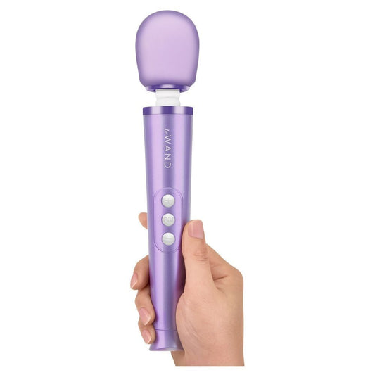 Le Wand petite vibrating massager in violet. A sleek, rechargeable wand for personal massage.