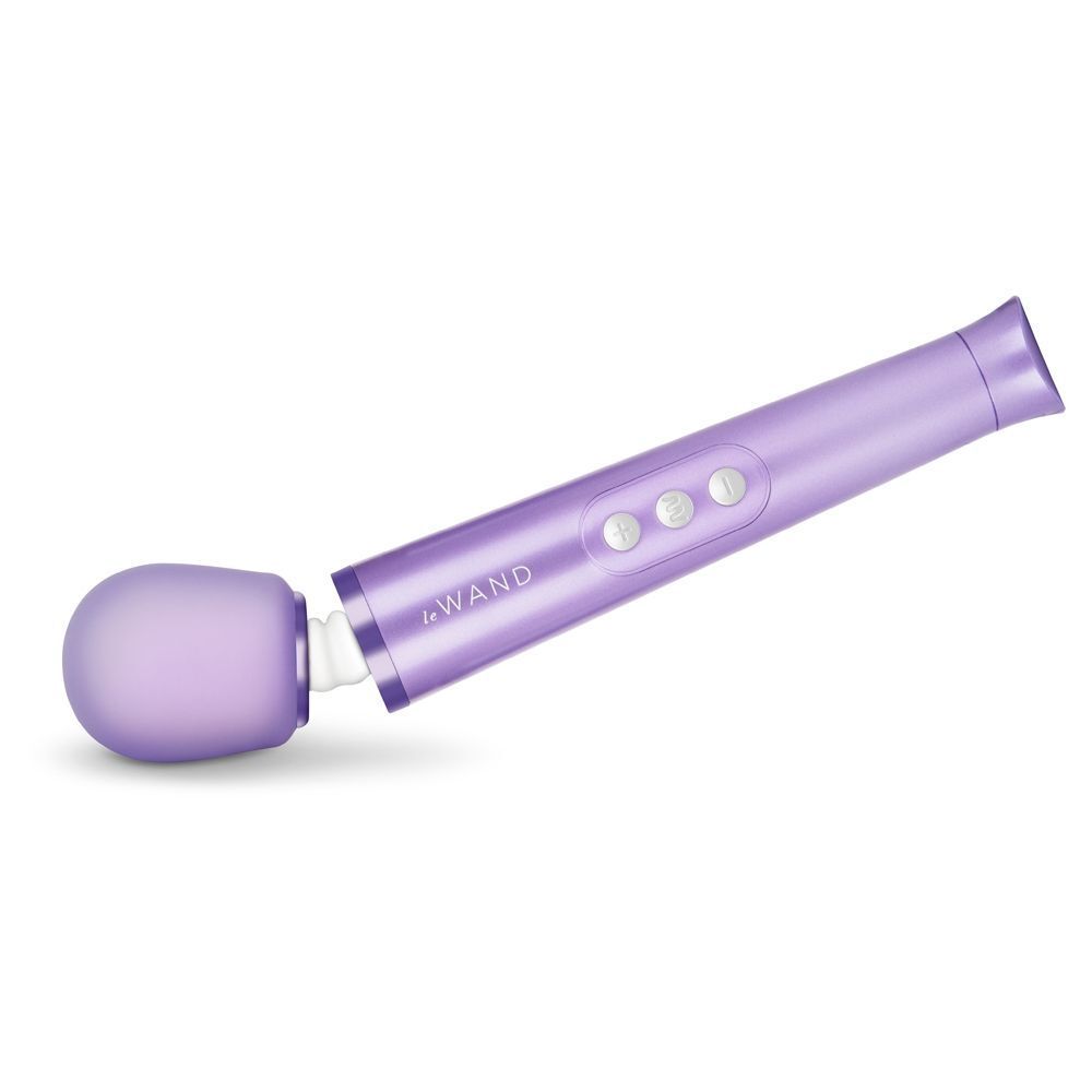 Close-up of a petite, rechargeable le wand massager in a vibrant violet colour, showcasing its sleek design.