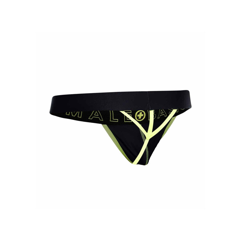 A bloke wearing a neon yellow thong from male basics, part of their basics range.