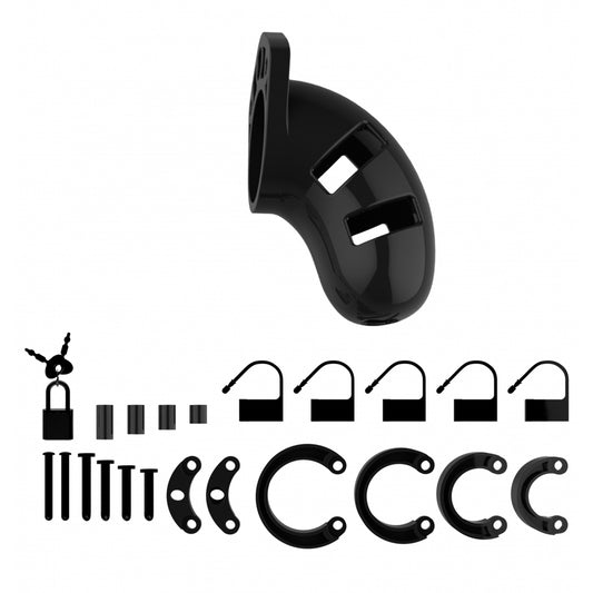 Black 3.5 inch male chastity cage, a metal device for cock restraint.