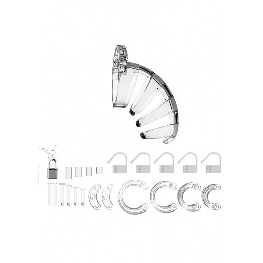 Clear 3.5 inch male chastity cage from shots toys, designed for male chastity use.