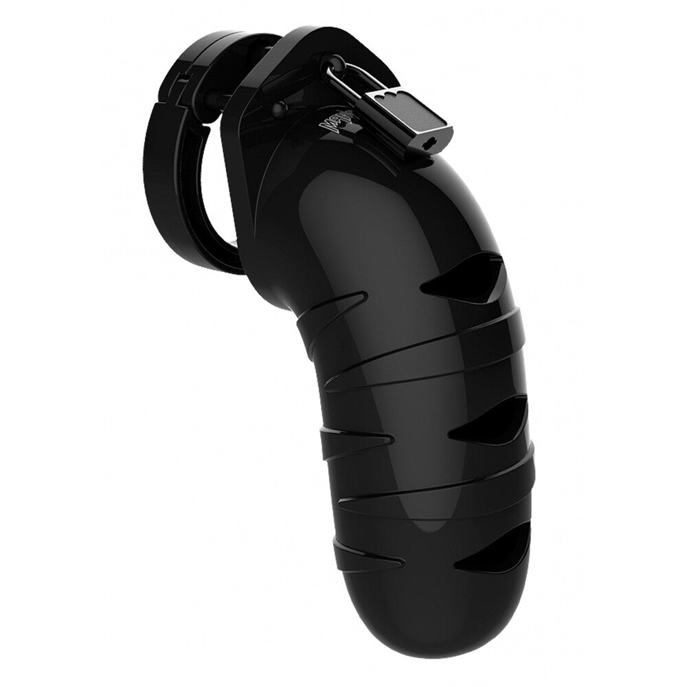 Close-up of a black, 5.5-inch male chastity cage from Shots Toys, made for male chastity