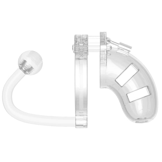 Clear 3.5 inch male chastity cage with anal plug for male chastity play.