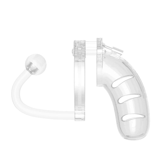 shots toys clear 4.5 inch male chastity cage with attached anal plug, for male chastity