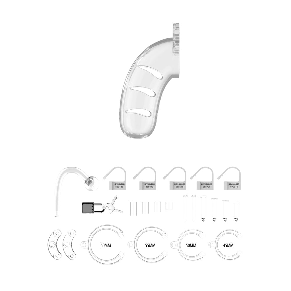 clear plastic male chastity cage with a 4.5 inch length and anal plug from shots toys
