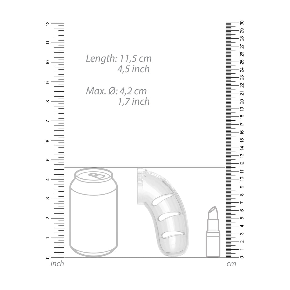 Clear 4.5 inch male chastity cage with integrated anal plug, ideal for male chastity play.
