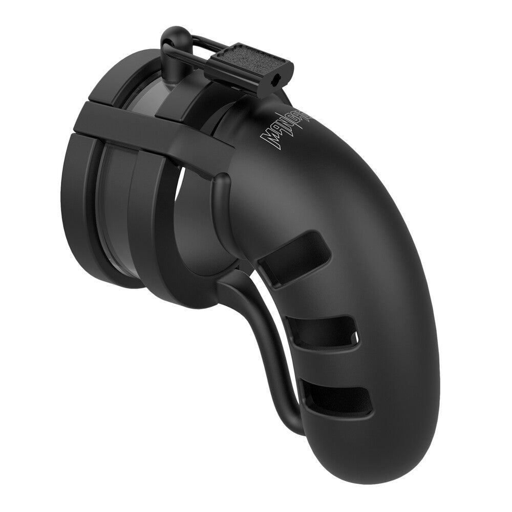 Black metal 'man cage 19' chastity device with ball splitter from Shots Toys, a close-up view.