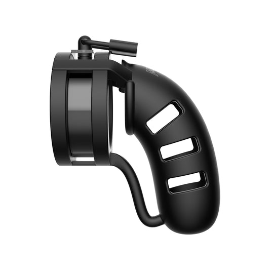 Black 'man cage 19' chastity device with ball splitter from Shots Toys, four and a half inches.