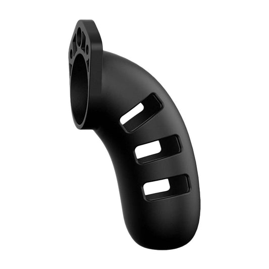 Black silicone male chastity cage from Shots Toys, a secure device with a 4.5 inch length.