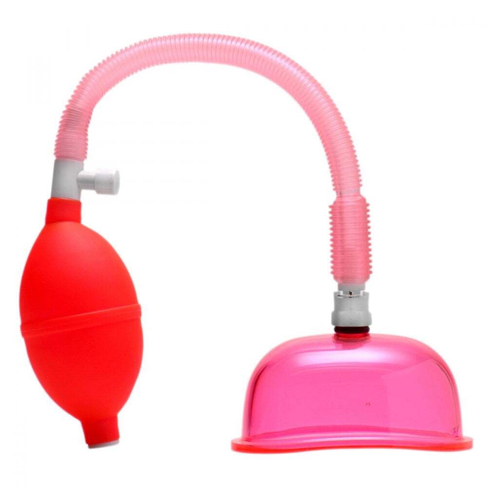 Size Matters vaginal pump, clear plastic with attachments, used for female body enhancement.