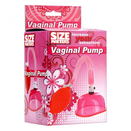 Size Matters vaginal pump, clear plastic cylinder with a hand-operated vacuum for enhanced pleasure.