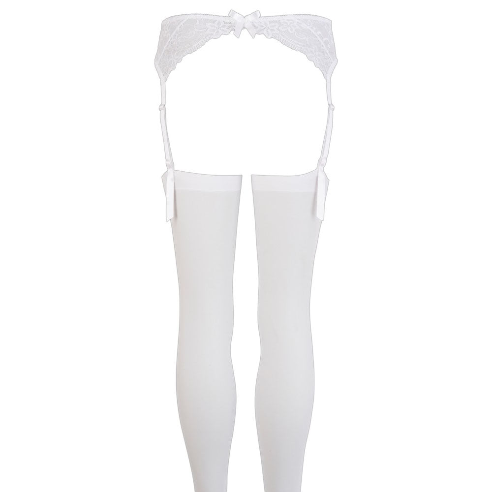 Mandy Mystery Lingerie white suspender set, worn with stockings for a sensual boudoir look.