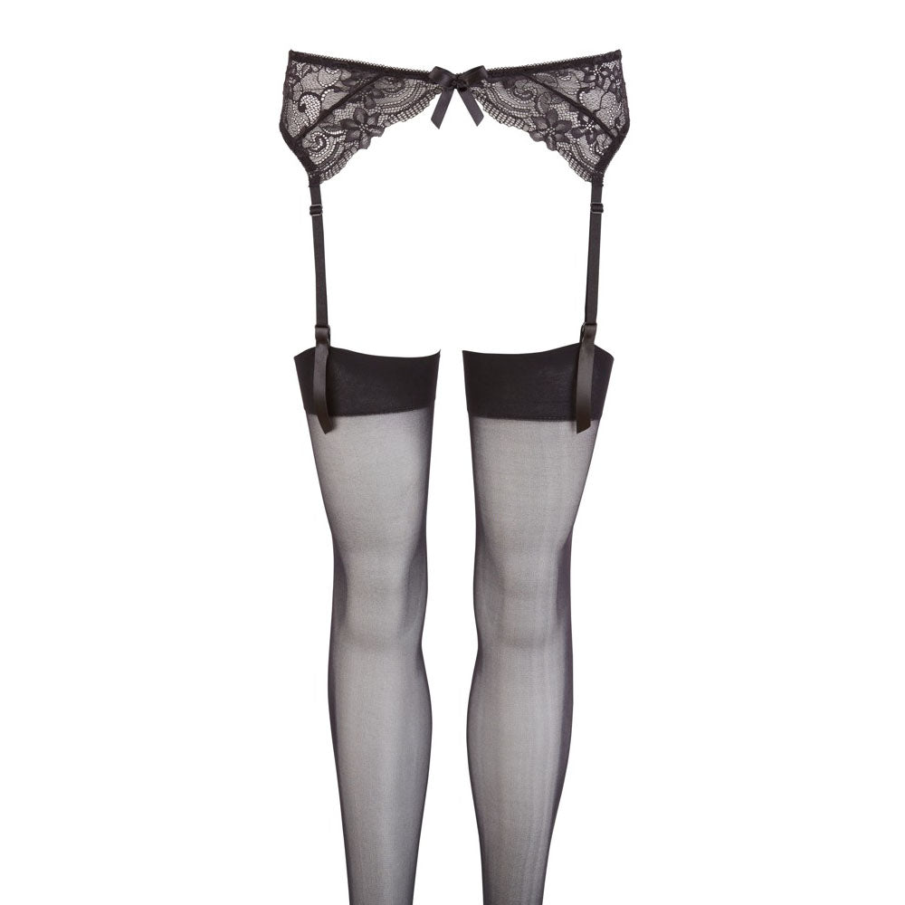 black suspender set with delicate straps, perfect for stockings, from Mandy Mystery Lingerie.