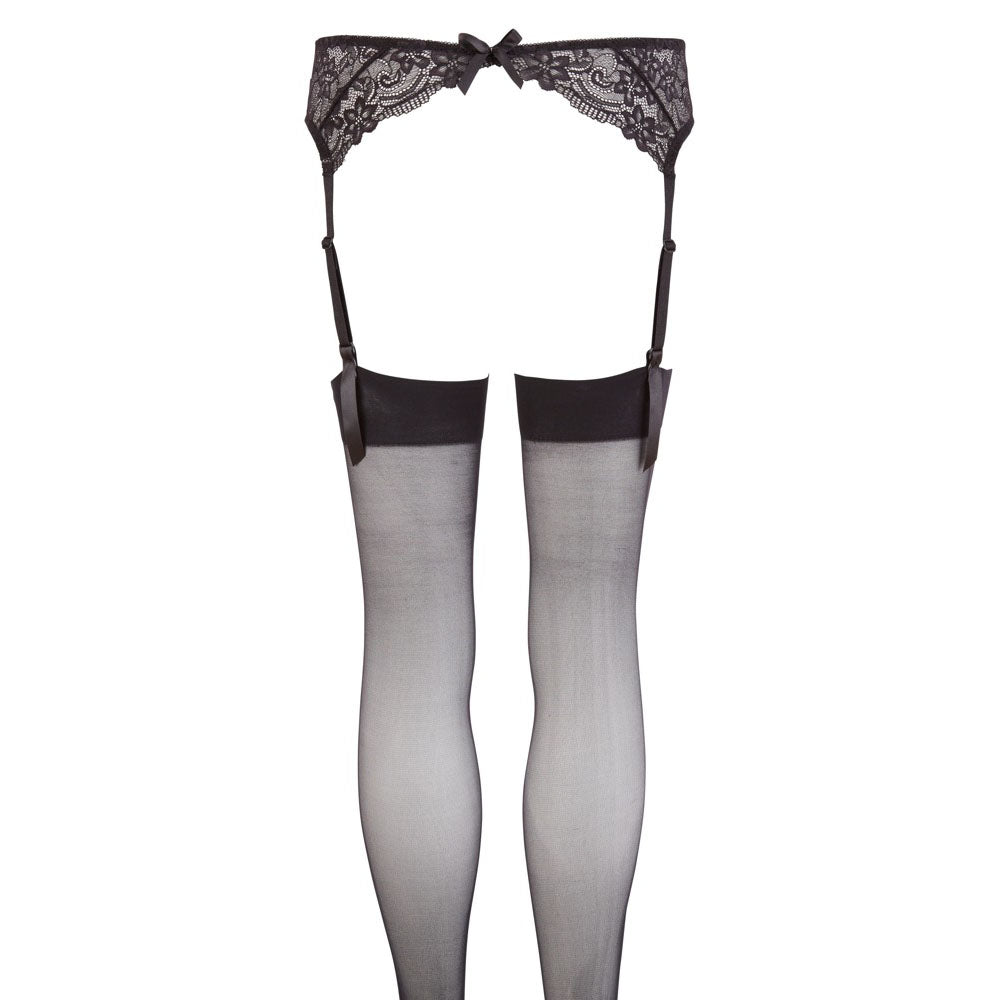 Black suspender set and stockings. Classically alluring lingerie from our collection, creating a stunning silhouette.
