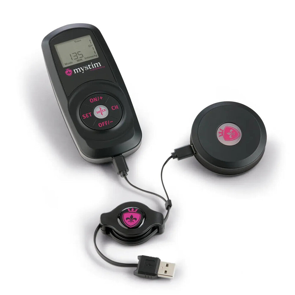MyStim Cluster Buster e-stim unit for electro sex stimulation, shown in its packaging.