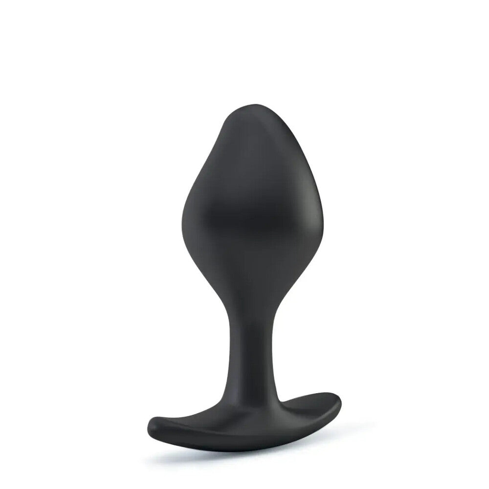 Small black electro sex stimulation butt plug with textured ring for rocking action.