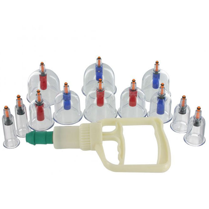 Kink Industries 12-piece cupping system set, medical instruments in clear, durable plastic.