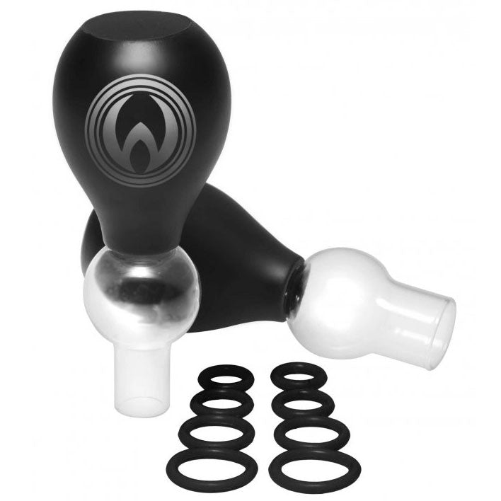Master Series nipple amplifier bulbs with o rings for female enhancement, clear material.
