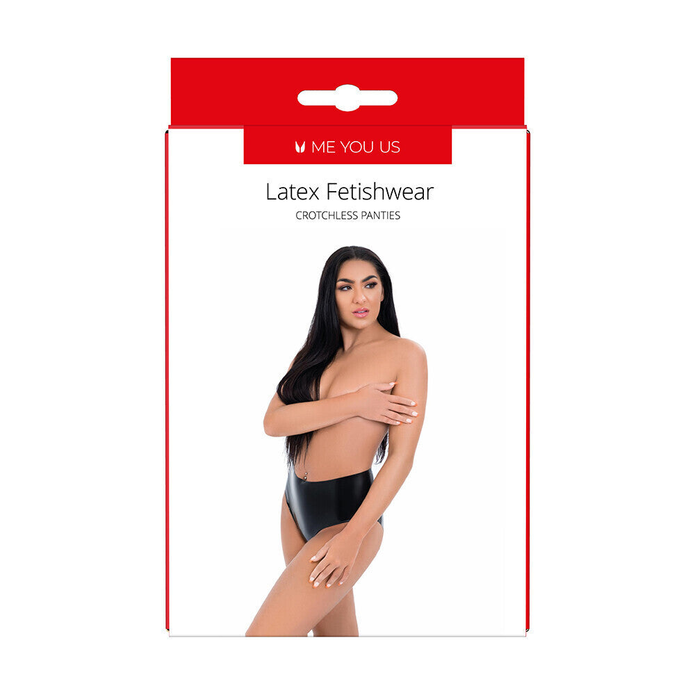 Black latex crotchless knickers for women, showing the smooth, shiny material.