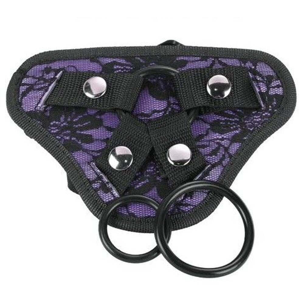 me you us lace harness in black with a bullet pocket, strap-on dildo compatible.