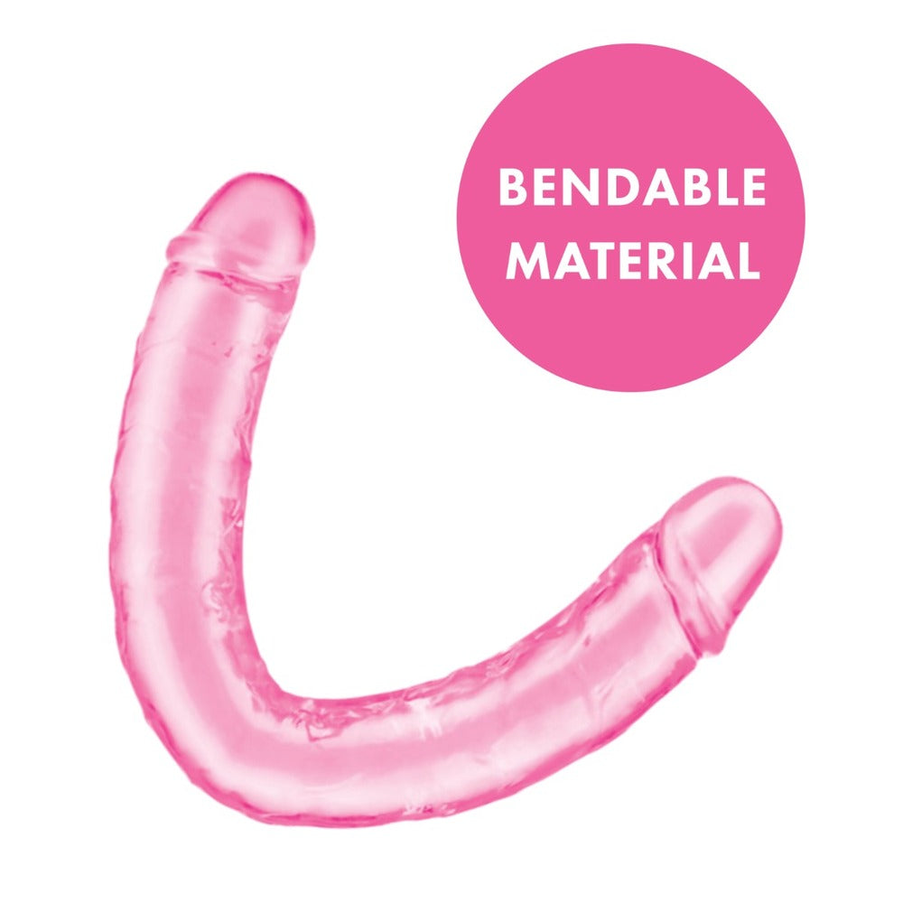 A pink, dual-ended dildo from Me You Us, approximately 12 inches in length.
