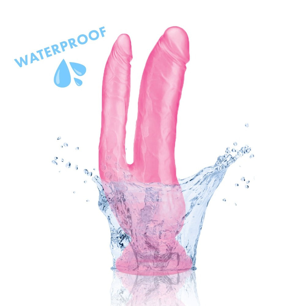 Me You Us double dildo, eight inch, ultra smooth pink silicone, for dual pleasure.